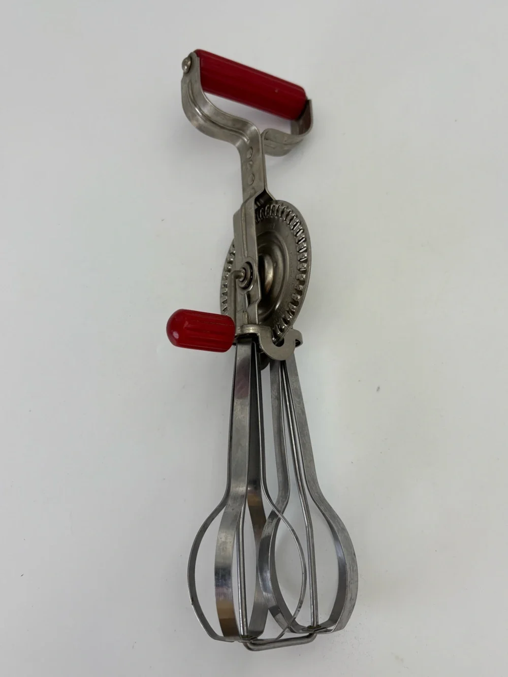 Vintage Androck Hand Crank Egg Beater Hand Mixer with Red Handles